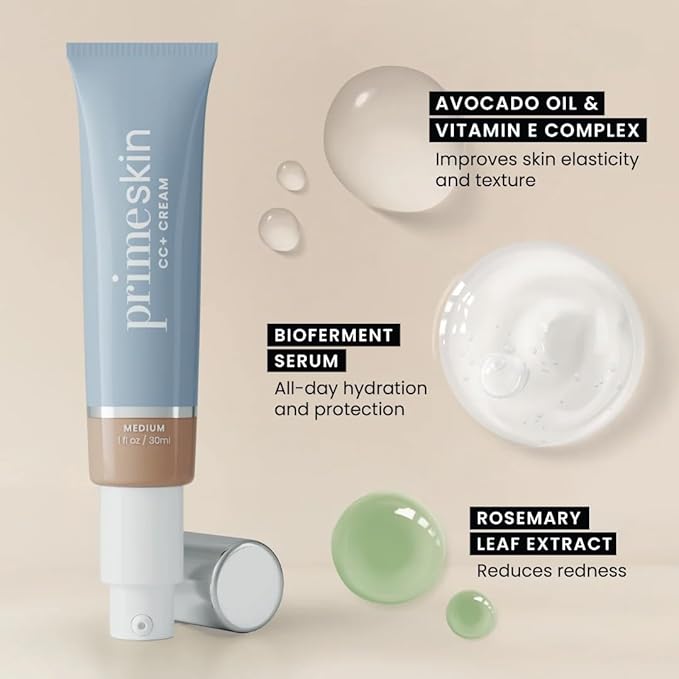 Prime Prometics PrimeSkin CC+ Cream for Mature Women – Lightweight Liquid-to-Powder Foundation – Blurs Pores & Covers Age Spots – Crease-Free, Hydrating & Soft-Matte Finish for Sensitive Skin (Fair)