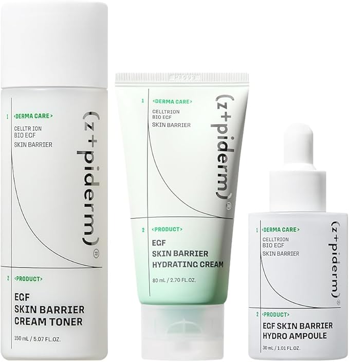 Zipiderm EGF Skin Barrier Moisture Layering Set – Cream Toner + Hydro Ampoule Serum + Hydrating Gel Cream Moisturizer, Korean 3-Step Tone–Treat–Moisturize Routine for Sensitive, Dry & Combination Skin