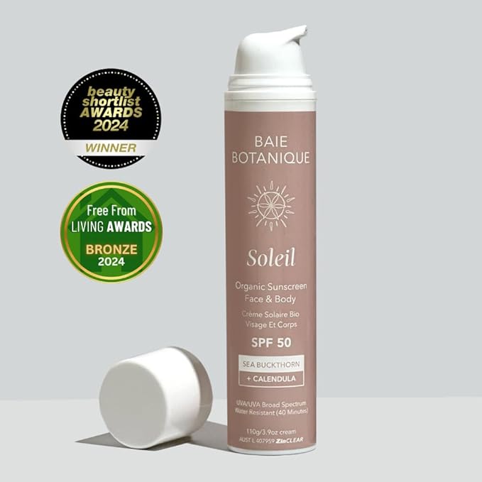 Baie Botanique Soleil - Organic Mineral Non Toxic Sunscreen for Face and Body SPF 50 - Sea Buckthorn & Calendula - Natural - Vegan - No White Cast - Chemical Filter Free - Reef Safe -UVA/UVB - 3.9 oz