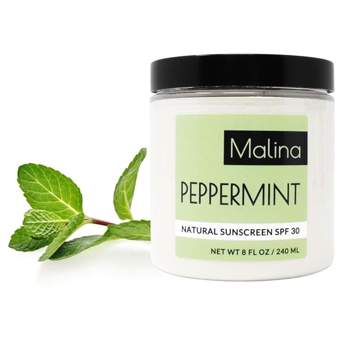 Malina™ Organic Peppermint Natural Sunscreen | SPF 30+ | Nontoxic | Baby-Safe | Reef-Safe | No Preservatives | No Synthetic Fragrance | Made With Pure Essential Oil (8 FL Oz)
