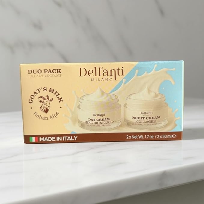 Delfanti-Milano • FULL SIZE DUO PACK • GOAT'S MILK with HYALURONIC ACID Day Cream and GOAT'S MILK with COLLAGEN Night Cream • Face and Neck Moisturizer • 2 x 1.7 oz jars • Made in Italy