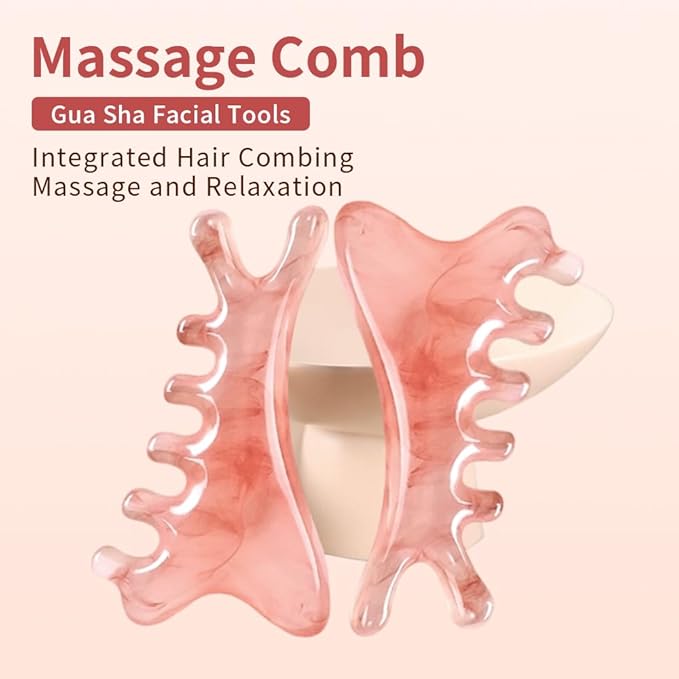 TAIHI 4-in-1 Massage Comb Pink Gua Sha Facial Tools Head Massage Combs Neck Body Face Eye Massager Tool for Body Tension Relief Promote Lymphatic Circulation Gifts for Women Men