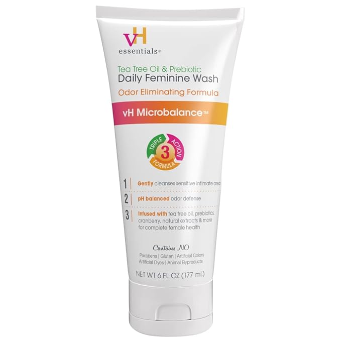 AmLactin Daily Moisturizing Lotion for Dry Skin – 7.9 oz Pump Bottle – 2-in-1 Exfoliator - Body Lotion with 12% Lactic Acid (Packaging May Vary) and vH essentials, Ph Balanced Daily Feminine Wash, Tea Tree Oil & Prebiotic, 6, Fl Oz, (Pack Of 1) 54306 C...