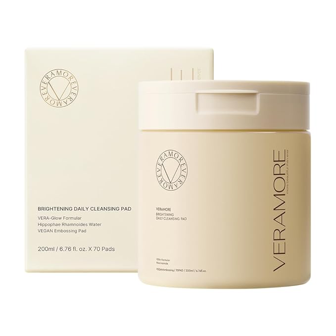 Veramore Rice & Vitamin Glow Cleansing Pads – Dual-Sided Brightening & Hydrating Toner Pads with Mushroom Extract & Hyaluronic Acid, Niacinamide | Gentle Exfoliating K-Beauty, 70 Count (5.07 fl oz)