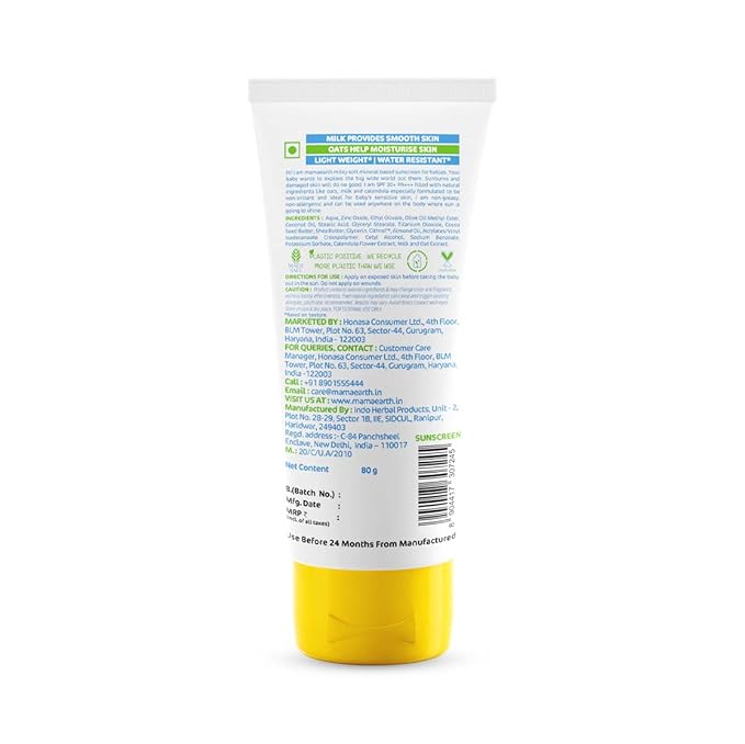 Mamaearth Milky Soft Mineral Based Sunscreen SPF 30 & PA+++ with Oats, Milk and Calendula for Babies-80g