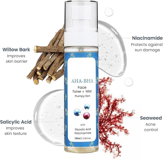 MZ Natural Skincare AHA BHA Toner, Hydrating Face Spray Mist, Reduces Blackheads and Breakouts, Contains Glycolic Acid, Sulphate and Silicone Free, for Women and Men, All Skin Types, 120ml