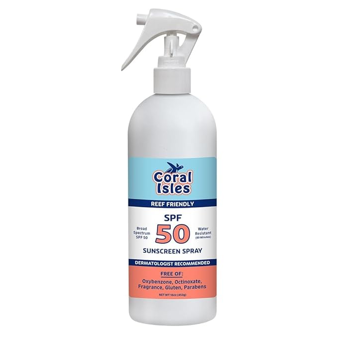 Coral Isles SPF 50 Sunscreen | 16 Fl Oz Spray Bottle | Broad Spectrum UVA/UVB | Octinoxate & Oxybenzone Free | Water Resistant | Fragrance Free