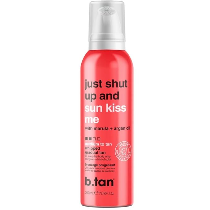 b.tan Medium Gradual Self Tanner Whip | Just Shut Up & Sun Kiss Me - Lightweight, Daily Aerosol Foam to a Build Luscious, Golden Glow, Enriched with Hydrating Marula & Argan Oils, 207ml