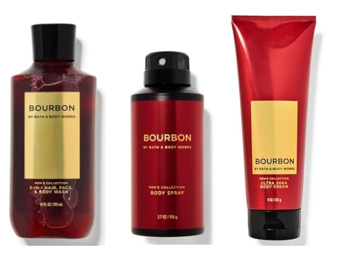 Bath & Body Works Bourbon - Ultra Shea Body Cream 8 oz, 2-in-1 Hair + Body Wash 10 oz & Deodorizing Body Spray 3.7 oz - Set