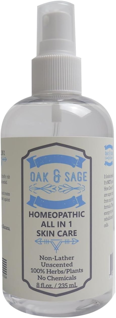 OAK & SAGE Homeopathic All In 1 Skin Care - NonLather - Unscented - 8oz - 100% Herbs/Plants, No Alcohol, No Chemicals - For All Skin Types