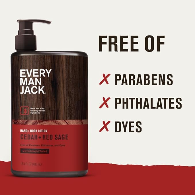 Every Man Jack Mens Cedar + Red Sage Hand & Body Lotion for All Skin Types - Dermatologist Tested & Hypoallergenic - Nourish Skin with Lightweight Fast Absorbing Lotion - 13.5oz (2 Pack)