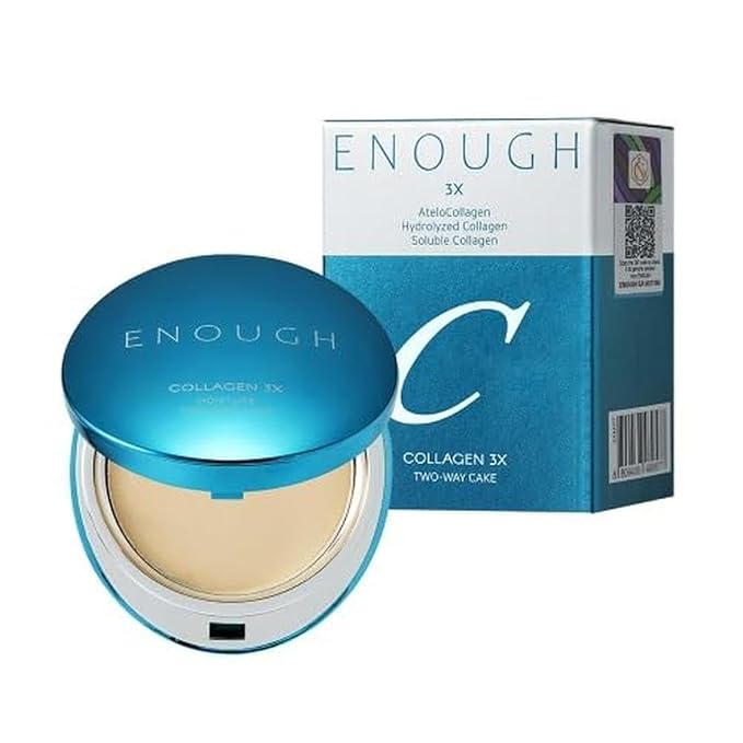 ENOUGH Collagen 3X Moisture Two-Way Cake SPF28, Korean Makeup Blurring Setting Powder Foundation, Face Pressed Powder Compact for Women (#21N Clear Beige)