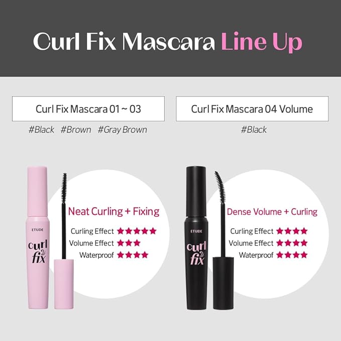 ETUDE Curl Fix Mascara, Lash Mascara, Strong Curl Up, Long-Lasting, Waterproof, Light-Weight, Korean Makeup, Beauty, Vegan Certified, Brown (0.27 Fl Oz)