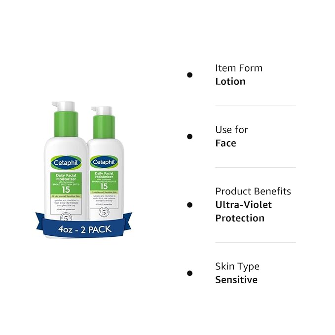 Cetaphil Daily Facial Moisturizer SPF 15, 4 Fl Oz, Gentle Facial Moisturizer for Dry to Normal Skin Types, No Added Fragrance, Pack of 4, (Packaging May Vary)