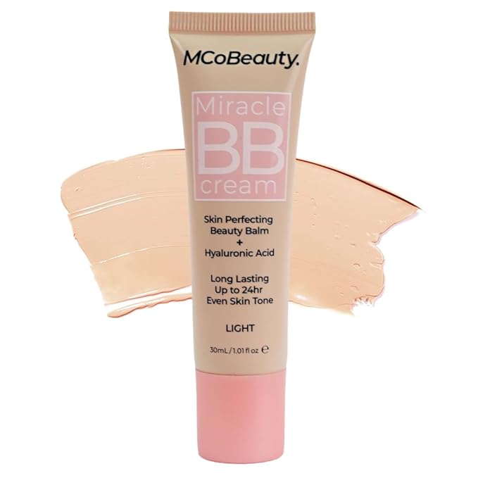 MCoBeauty Miracle BB Cream Light - Skin Tint Foundation Primer with Hyaluronic Acid Glycerin - Lightweight Dewy Coverage Tinted Moisturizer for Face - Vegan Cruelty Free Makeup, Tone Balancing