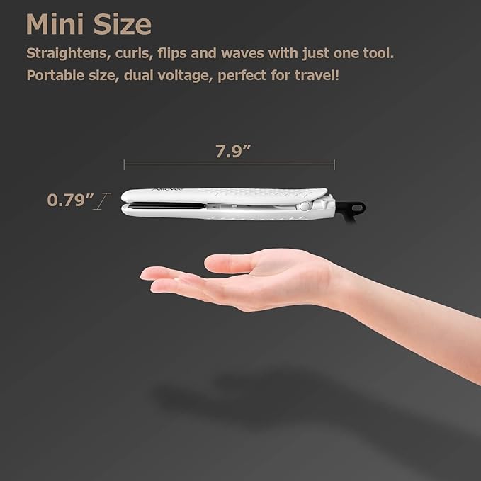 AmoVee Mini Flat Iron, 0.7 Inch Mini Hair Straightener, Small Flat Iron for Short Hair,Curls Bangs, Dual Voltage Travel Hair Straightener（White）