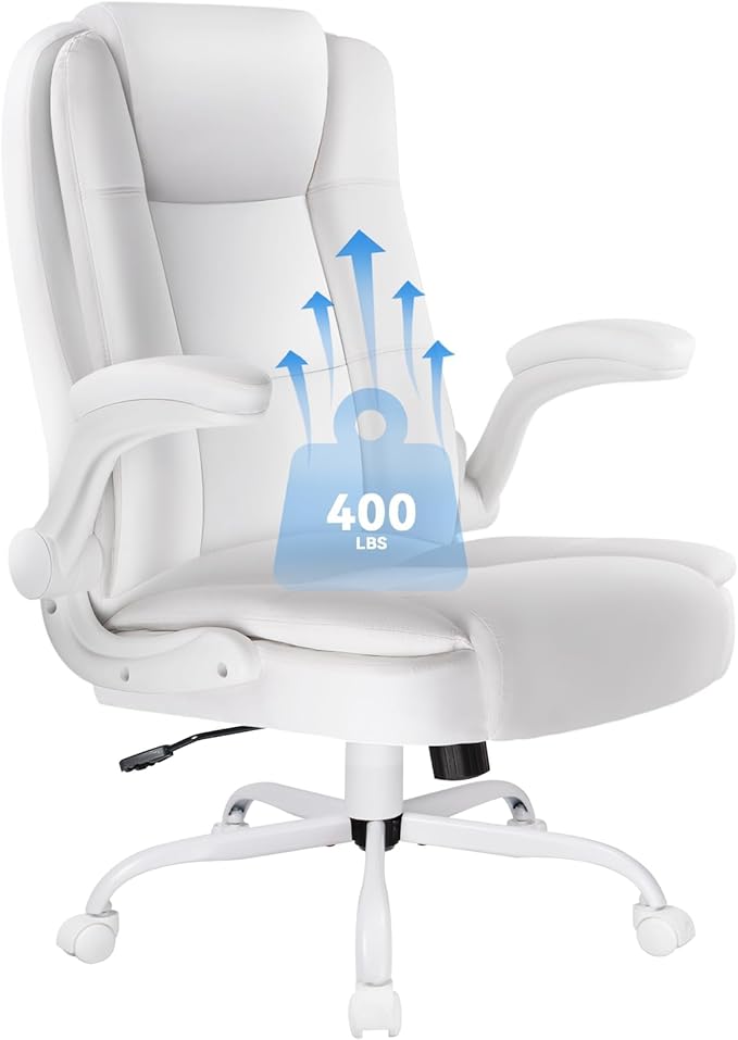 VITESSE Ergonomic Office Chair with Flip-up Armrests, Big and Tall Leather Executive Office Chair, High Back Lumbar Support Home Computer Desk Chair, Heavy and Duty Computer Chair (White)