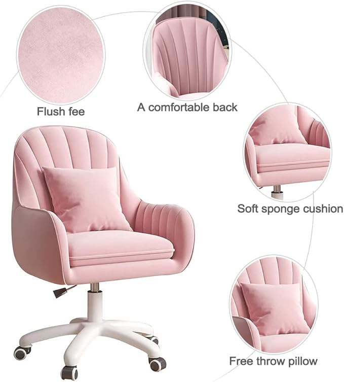 Velvet Desk Chair with Pillow Upholstered Vanity Chair for Girls Women, Home Office Computer Task Chair with Wheels Swivel Rolling Accent Chair for Living Room, Bedroom