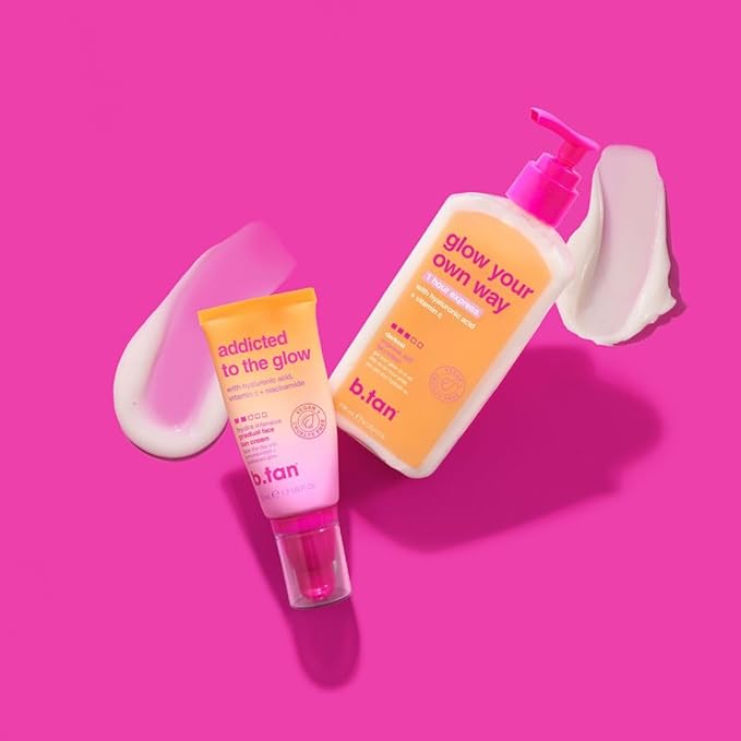 b.tan Gradual Self Tan Face Lotion | Addicted to the Glow - Daily Faical Tanning Cream for a Sunkissed Dark Bronze, Best Sunless Moisturizer, Hydrating Vitamin C, Travel Size, No Fake Tanner Smell