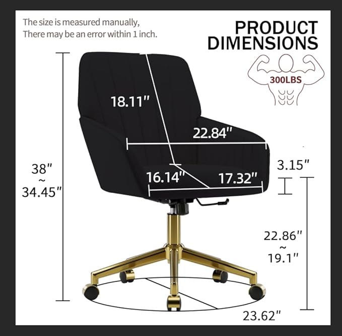 YISHENG Velvet Home Office Chairs with Gold Base, Height Adjustable 360 Degree Swivel Desk Chair with Wheels, Upholstered Tufted Modern Vanity Chairs for Living Room, Bedroom,Study Room (Black)