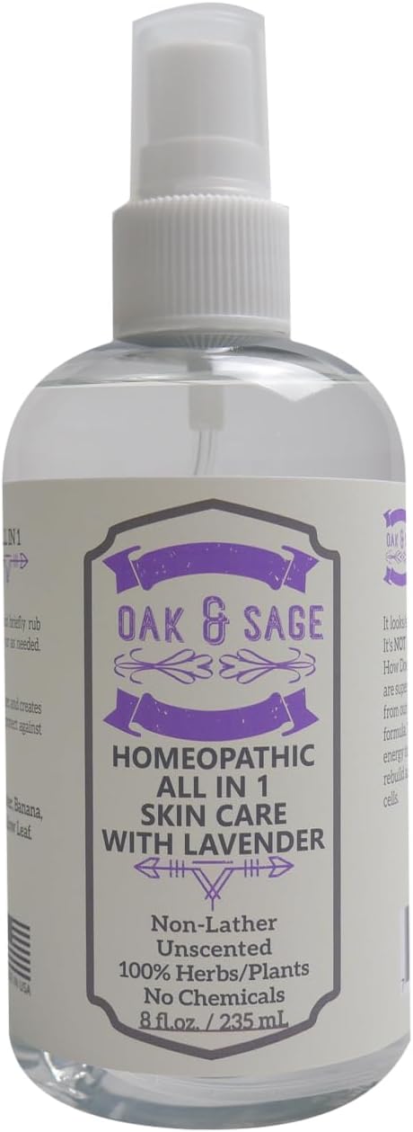 OAK & SAGE Homeopathic All in 1 Skin Care with Lavender - NonLather - Unscented - 8oz - 100% Herbs/Plants, No Alcohol, No Chemicals - for Normal, Dry, Oily, and Sensitive Skin Types
