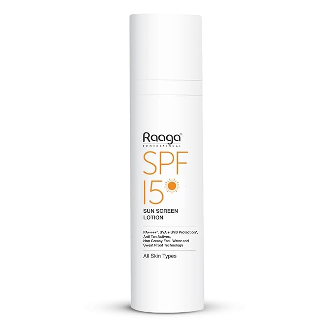 Raaga Professional Sunscreen Lotion SPF 15 | Broad Spectrum UVA & UVB Protection | Lightweight, Non-Greasy & Water-Resistant | Keeps Skin Hydrated | For All Skin Types | 1.86 Fl Oz/55ml