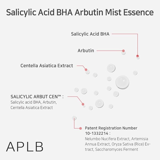APLB Salicylic Acid BHA Arbutin Mist Essence | SALICYLIC ARBUT CEN™ 20.9% 3.55 FL.OZ/Korean Skincare, Replenishing Moisture, Revitalize for Gentle and Improve Skin Texture Through Salicyclic