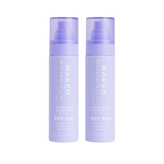 Naked Sundays SPF 50 Hydrating Glow Face Mist - Daily Sunscreen Spray & Makeup Setting Spray with Hyaluronic Acid, Lightweight, Non-Greasy & Hydrating, 2-Pack