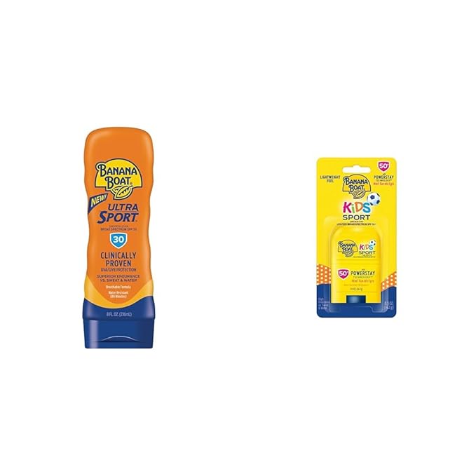 Banana Boat Sport SPF 30 Sunscreen Lotion 8oz and Kids Sport Sunscreen Stick SPF 50 0.5oz Bundle