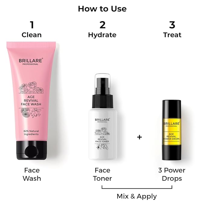 Brillare Age Revival Natural Face Wash, Toner and Face Serum Combo With Hyaluronic Acid, Rose and Sandalwood