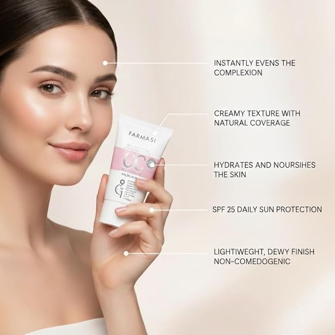 FARMASi CC Color Correcting Cream, Tinted Moisturizer Makeup Base with SPF 25, Lightweight Buildable Coverage, Natural Flawless Finish, All Skin Types, 1.7 fl oz, Light to Medium