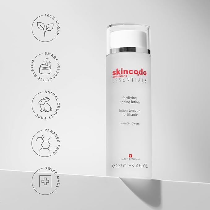 Skincode Fortifying Toning Lotion | Skin Care Toner for Face & Body | CM-Glucan, Hyaluronic Acid & Lactic Acid | Face Lotion for Women & Sensitive Skin | Vegan & Fragrance-Free | Switzerland, 200ml