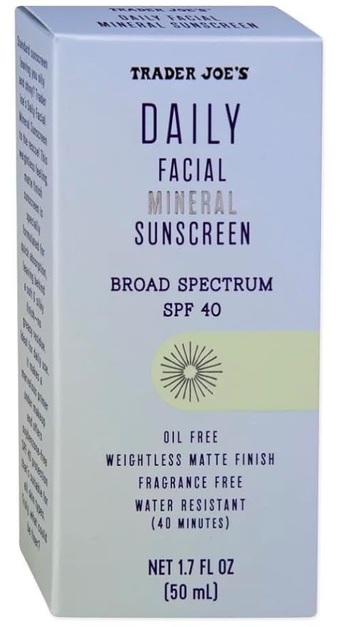 Trader Joe’s Daily Facial Mineral Sunscreen Broad Spectrum SPF 40 Oil Free Clear Color Gel Formula Fragrance Free Water Sweat Resistant, 1.70 Fl Oz