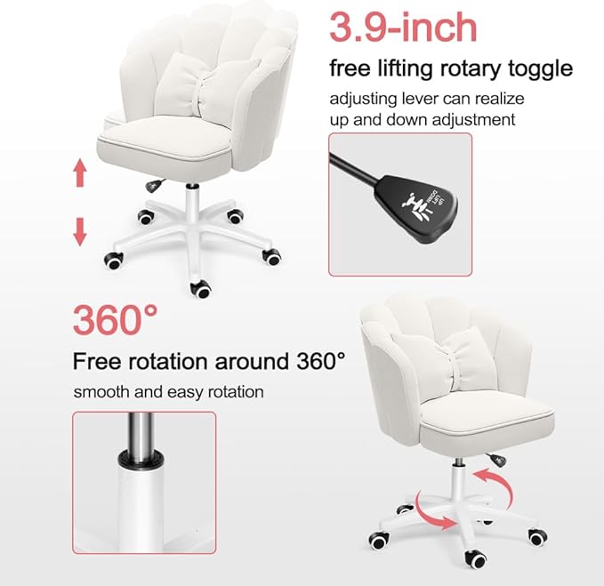 Petal Desk Chair with Bow Cushion Velvet Vanity Chair with Wheels, Upholstered Home Office Chair for Girls Women, Mid-Back Swivel Computer Task Chairs for Living Room Bedroom