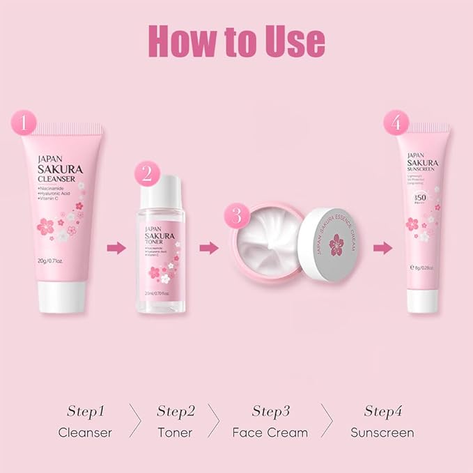 Sakura Travel Skincare Set for Teenage Girls,4 Pcs/Set Sakura Skin Care Set With Cleanser, Toner,Face Cream and Sunscreen,Travel Essentials for Women-Cleansing,Hydrating and Sun Protection