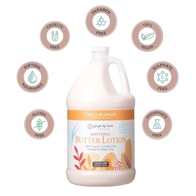 Ginger Lily Farms Botanicals Soothing Butter Lotion for Dry Skin, Coco Mango, 100% Vegan & Cruelty-Free, Coconut Mango Scent, 1 Gallon (Pack of 4)