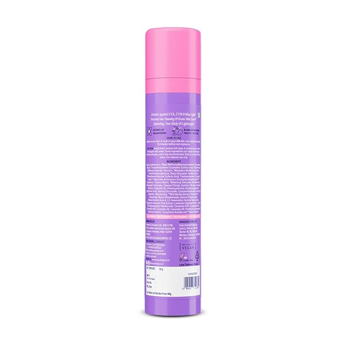 Aqualogica Illuminate+ Dewy Sunscreen SPF 50+ PA++++ with Wild Berries & Alpha Arbutin - 50 g Broad Spectrum SPF 50+ PA++++ UVA/B & Blue Light Protection Anti-Pollution Factor (APF) Technology