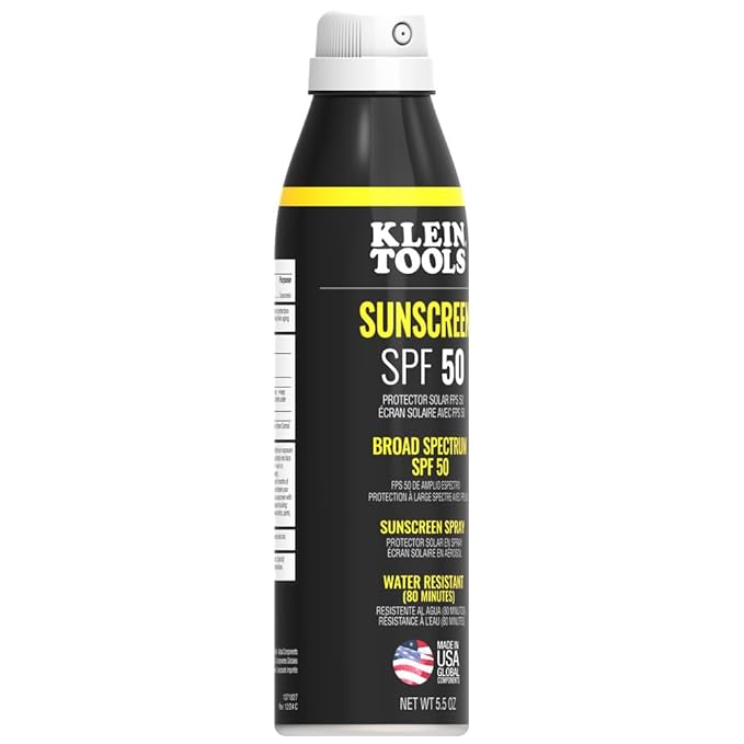 Klein Tools SPF50SPY55 Sunscreen Spray, SPF 50, 120-Minute Water-Resistant, Broad Spectrum UVA/UVB Sun Protection, Non-Greasy, 5.5 Ounce Bottle, 12-Pack