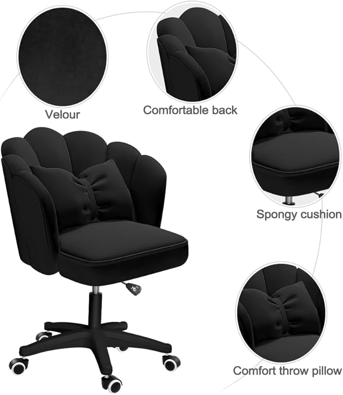 Petal Desk Chair with Bow Cushion Velvet Vanity Chair with Wheels, Upholstered Home Office Chair for Girls Women, Mid-Back Swivel Computer Task Chairs for Living Room Bedroom