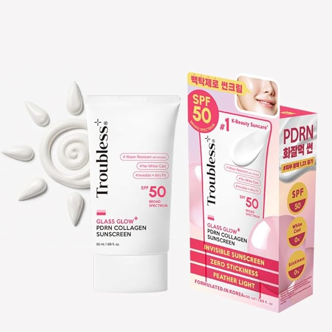 Troubless Glass Glow PDRN Collagen SPF 50 Sunscreen face - Hydrating & Moisturizing Broad Spectrum Sunscreen - Vegan, Lightweight, Non-Comedogenic - Korean Skin Care for All Skin Types 1.69 fl oz