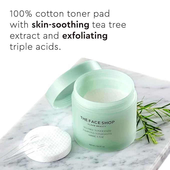 The Face Shop Tea Tree Toner Pads - Improve Uneven Skin Tone, Pore Minimizer - Exfoliating Dual Sided Toner Pad - AHA, BHA, PHA, Hyaluronic Acid - Cotton Facial Pad - Korean Toner - Korean Skin Care