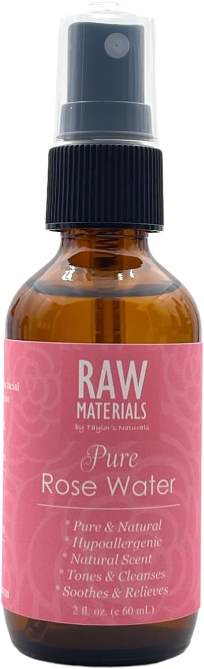 RAW MATERIALS Rose Water Spray - Pure Organic Hydrosol Rose Water Mist Hydrating Facial Toner - Face, Body, Hair - Vegan Beauty Skincare - 2oz Glass Bottle with Fine Mist Sprayer