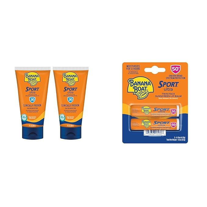 Banana Boat Sport Ultra Sunscreen Lotion SPF 30 Twin Pack 3oz and Lip Balm SPF 50 Twin Pack Travel Size Sunblock for Active Lifestyle