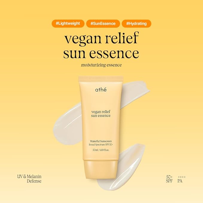 athé Vegan Relief Sun Essence SPF 50+ Broad Spectrum – Lightweight Hydrating Face Sunscreen, No White Cast, Includes Mini Tinted Lip Balm (04 Brave, 0.04 oz) | Vegan K-Beauty (1.69 fl oz)