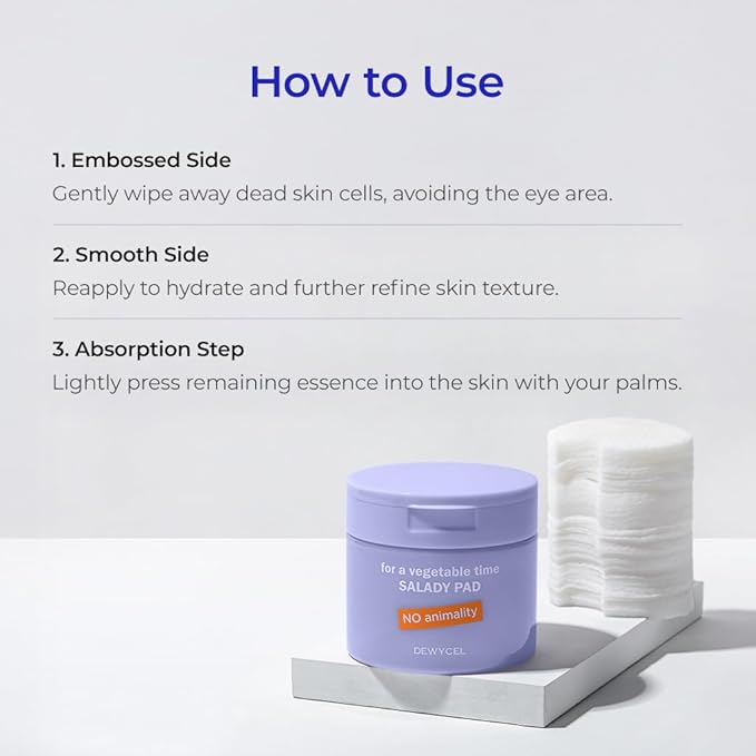 DEWYCEL Salady Pad | Dual-Textured Facial Toner Pads for Exfoliation Pore Care with AHA Lactic Acid & BHA Salicylic Acid | Hydrating Pore Care for Sensitive Skin | Vegan Face Gauze Pads, 70Pads