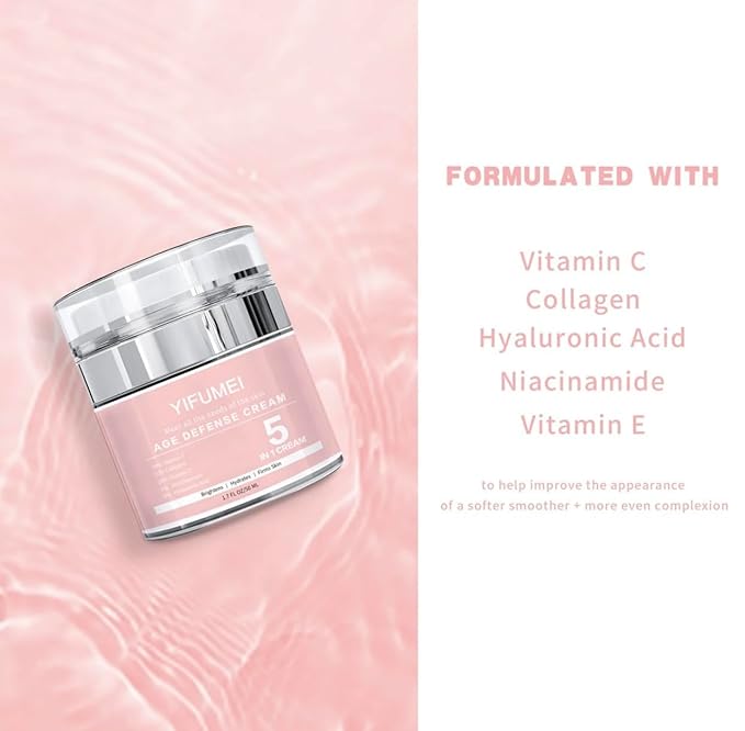 5 in 1 Age Defense Cream Collagen, Vitamin E, C and Nicotinamide Vitamin B Anti Aging Facial Cream - Restoring, Smoothing & Hydrating - Reduces Fine Lines, Wrinkles, Dehydrated Skin & More.