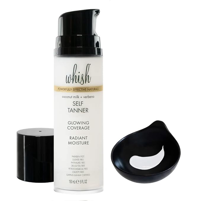 Whish Beauty Self Tanner - Sunless Tanning Lotion for Face & Body - Moisturizes with Shea Butter, Mango Butter, & Aloe - For All Skin Tones - Paraben & Sulfate Free (Coconut Milk & Verbena)