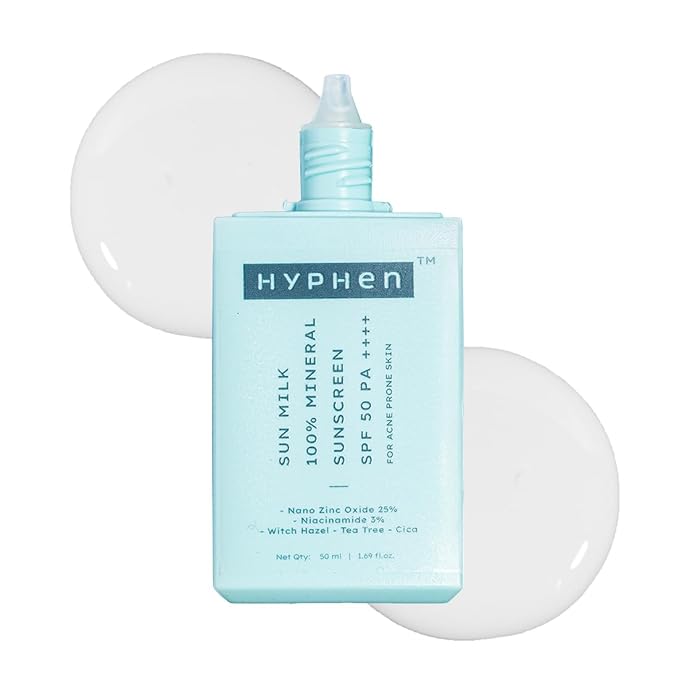 Hyphen Sun Milk 100% Mineral Sunscreen Spf 50 Pa++++ Uv+ Bluelight Protection, 25% Nano Zinc Oxide | Sensitive, Acne Prone & Oily Skin, Water Resistant Sun Protect | For Women And Men - 50 Ml