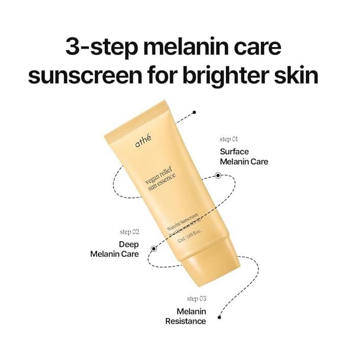 athé Vegan Relief Sun Essence SPF 50+ Broad Spectrum – Lightweight Hydrating Face Sunscreen, No White Cast, Includes Mini Tinted Lip Balm (04 Brave, 0.04 oz) | Vegan K-Beauty (1.69 fl oz)