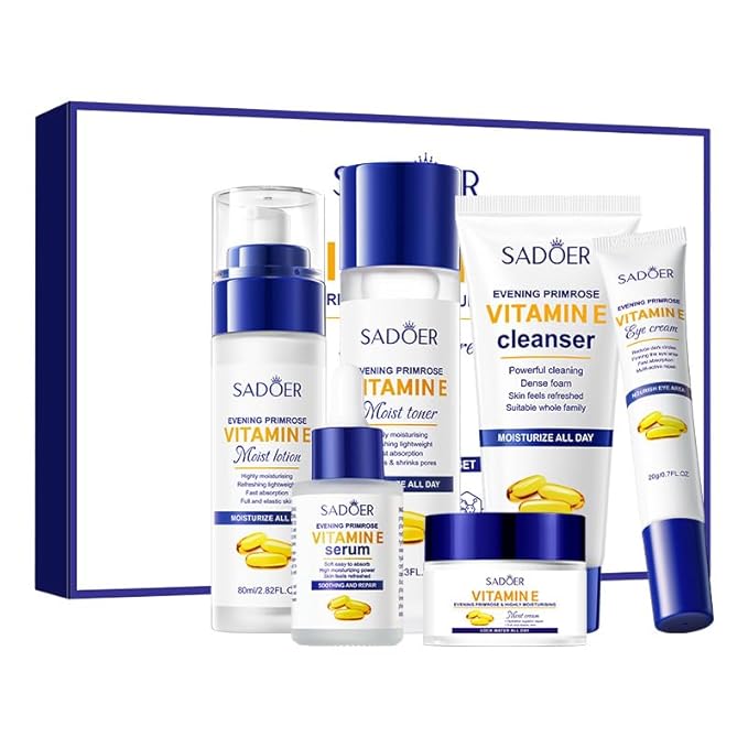 6-Piece Evening Primrose & Vitamin E Skincare Set | Hydrating Anti-Aging Routine for Dry/Sensitive Skin | Cleanser, Toner, Lotion, Serum, Cream, Eye Cream